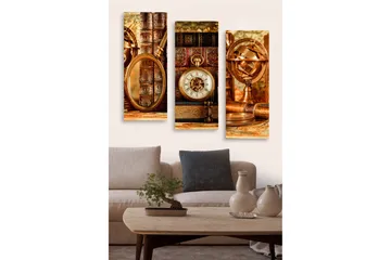 Trelerret 3-delt 50x70 cm - Vintage samling av bøker og klokker - Brun / Gull / Beige - Interiør - Maleri & posters - Lerretsbilder