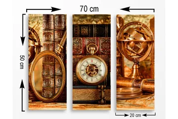 Trelerret 3-delt 50x70 cm - Vintage samling av bøker og klokker - Brun / Gull / Beige - Interiør - Maleri & posters - Lerretsbilder