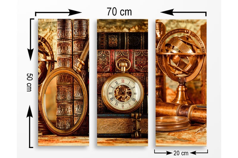 Trelerret 3-delt 50x70 cm - Vintage samling av bøker og klokker - Brun / Gull / Beige - Interiør - Maleri & posters - Lerretsbilder