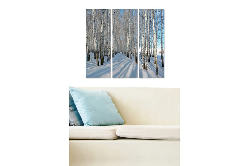 Trelerret 3-delt 50x70 cm - Vinterlandskap med bjørker i snø, Hvit / Blå