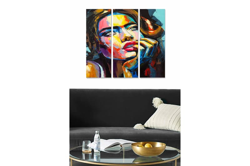 Trelerret 3-delt 50x70 cm - Portrett av en kvinne med uttrykksfulle ansiktstrekk og sterke farger, Rød / Blå / Gul