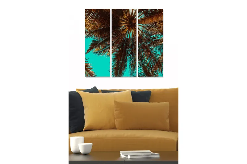 Trelerret 3-delt 50x70 cm - Palmeblader under en klar himmel, Turkis / Brun