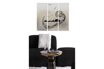 Trelerretsbilde 3-delt 50x70 cm - Abstrakt landskap med stiliserte fugler og silhuetter av bygninger - Svart / Grå - Interiør - Maleri & posters - Lerretsbilder