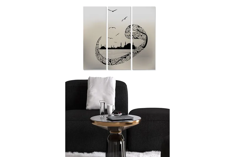 Trelerretsbilde 3-delt 50x70 cm - Abstrakt landskap med stiliserte fugler og silhuetter av bygninger, Svart / Grå