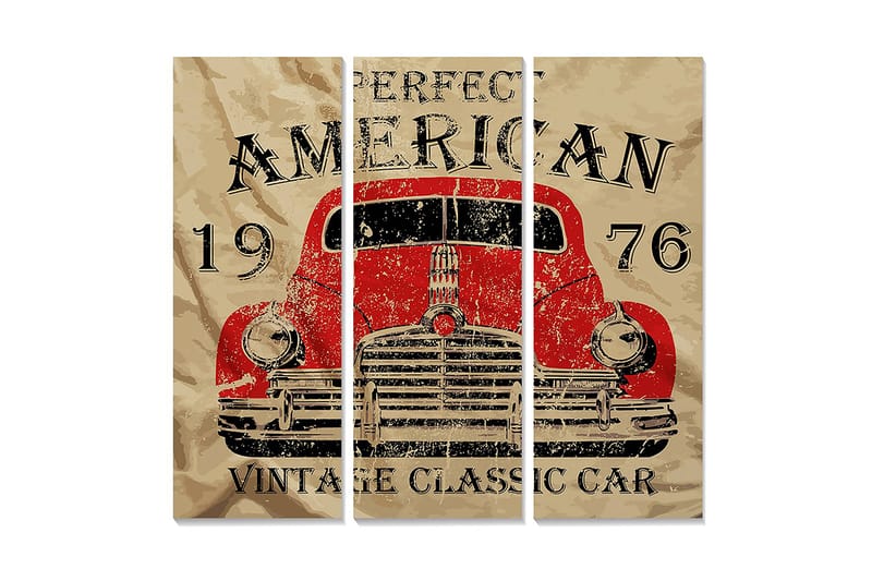 Trelerretsbilde 3-delt 50x70 cm - Amerikansk veteranbil fra 1976, Rød / Beige / Svart
