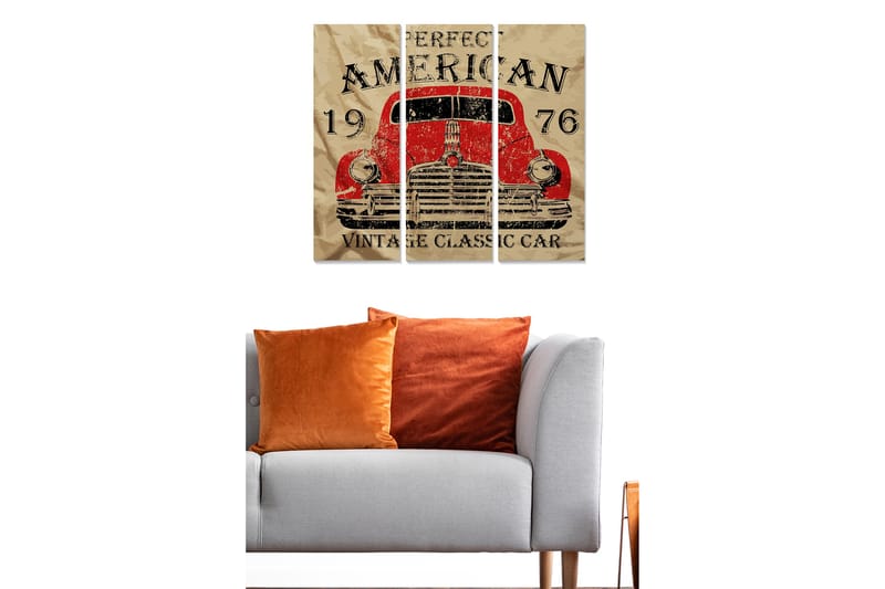 Trelerretsbilde 3-delt 50x70 cm - Amerikansk veteranbil fra 1976 - Rød / Beige / Svart - Interiør - Maleri & posters - Lerretsbilder