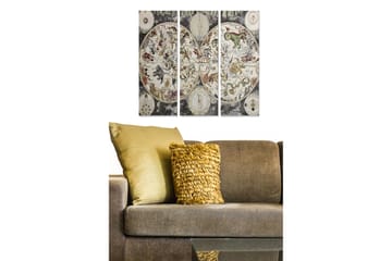 Trelerretsbilde 3-delt 50x70 cm - Astrologisk kart med dyr og stjernetegn - Grå / Beige / Grønn - Interiør - Maleri & posters - Lerretsbilder