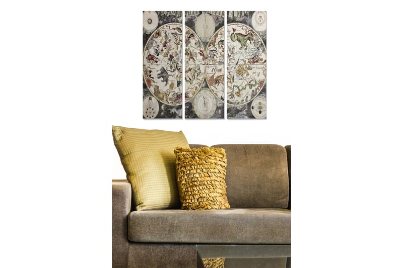 Trelerretsbilde 3-delt 50x70 cm - Astrologisk kart med dyr og stjernetegn, Grå / Beige / Grønn