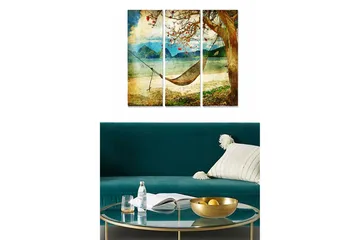 Trelerretsbilde 3-delt 50x70 cm - Avslappende hengekøye under et tre på en strand med fjell i bakgrunnen - Blå / Grønn / Beige - Interiør - Maleri & posters - Lerretsbilder