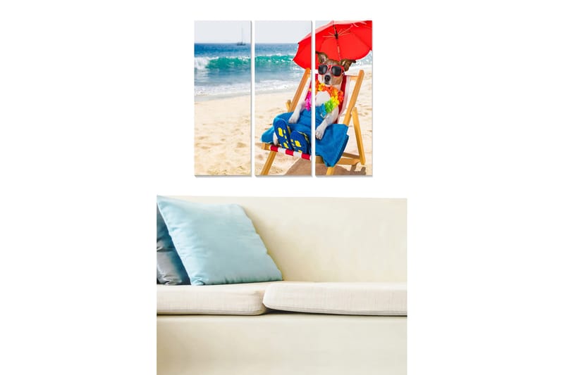Trelerretsbilde 3-delt 50x70 cm - Avslappende hund på strandstol med parasoll, Blå / Rød / Beige