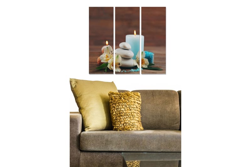 Trelerretsbilde 3-delt 50x70 cm - Avslappende stillhet med stearinlys, steiner og blomster, Hvit / Lys blå / Grønn