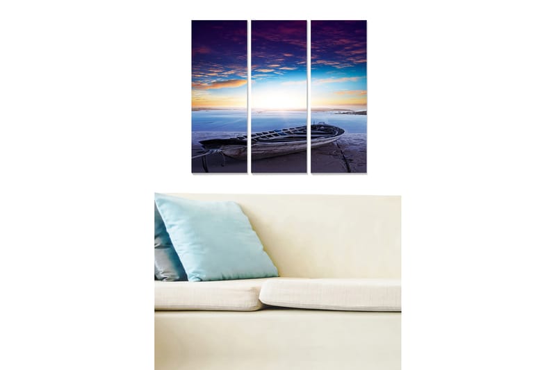 Trelerretsbilde 3-delt 50x70 cm - Båt ved kysten under en fargerik solnedgang, Lilla / Blå / Oransje