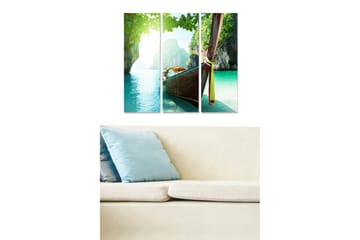 Trelerretsbilde 3-delt 50x70 cm - Båt på en tropisk strand med klart, turkis vann - Turkis / Grønn / Brun - Interiør - Maleri & posters - Lerretsbilder