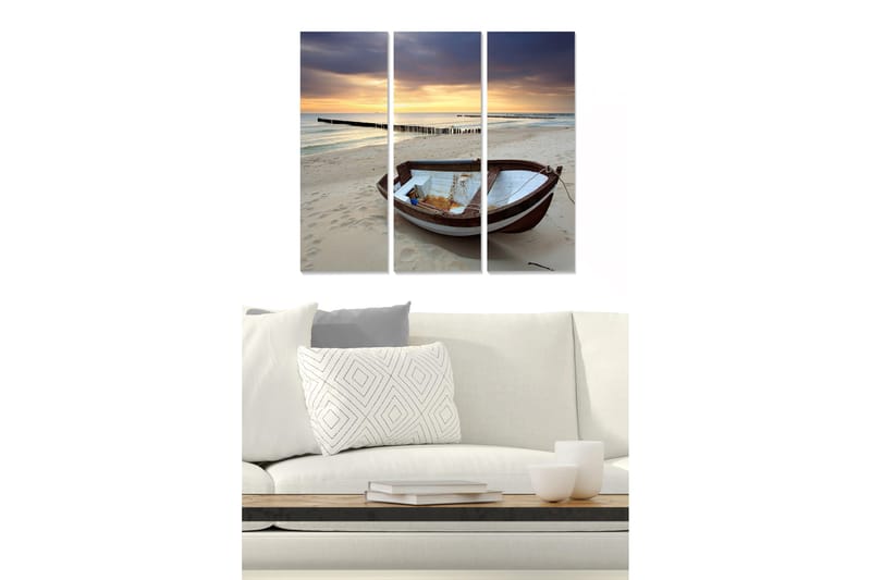 Trelerretsbilde 3-delt 50x70 cm - Båt på stranden ved solnedgang, Blå / Oransje / Brun
