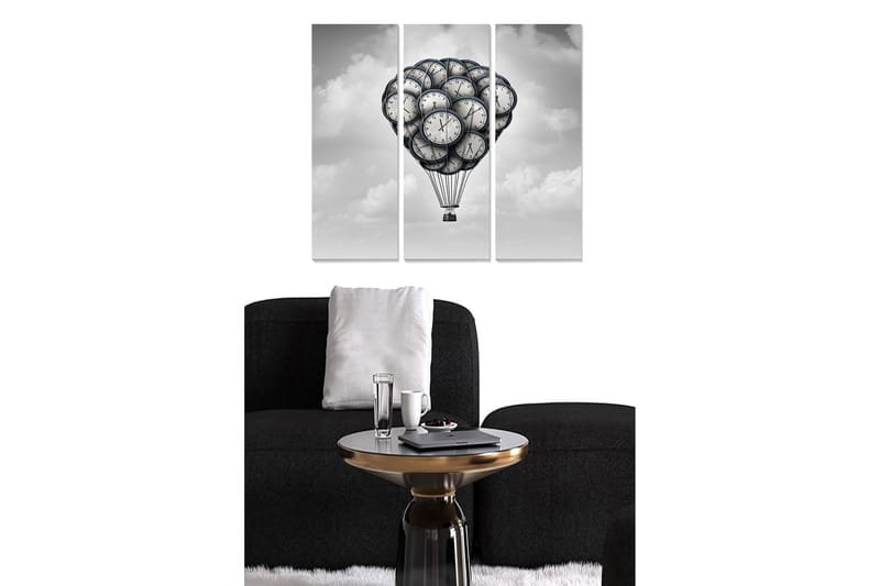 Trelerretsbilde 3-delt 50x70 cm - Ballong fylt med bjeller som svever på himmelen, Svart / Grå / Hvit