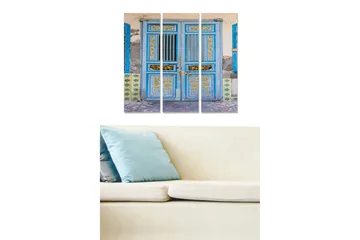 Trelerretsbilde 3-delt 50x70 cm - Blå dør med dekorative detaljer og mønstre - Blå / Gul / Grønn - Interiør - Maleri & posters - Lerretsbilder