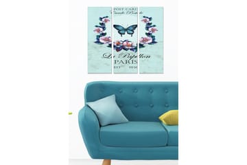 Trelerretsbilde 3-delt 50x70 cm - Blå sommerfugl omgitt av blomster i en romantisk komposisjon - Lys blå / Lilla / Grønn - Interiør - Maleri & posters - Lerretsbilder
