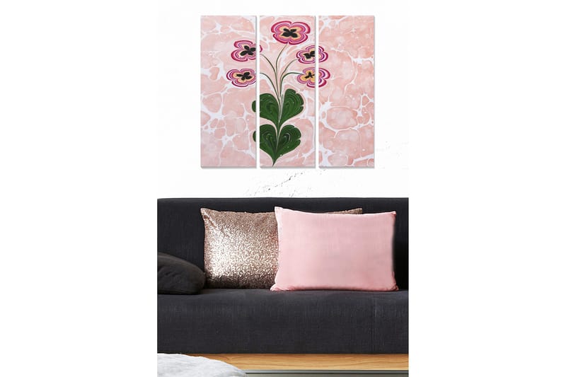 Trelerretsbilde 3-delt 50x70 cm - Blomster med rosa og svarte detaljer, Rosa / Grønn / Svart