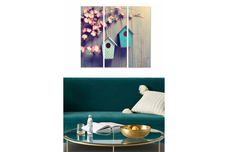 Trelerretsbilde 3-delt 50x70 cm - Blomster og fuglehus på trebakgrunn, Rosa / Turkis / Beige