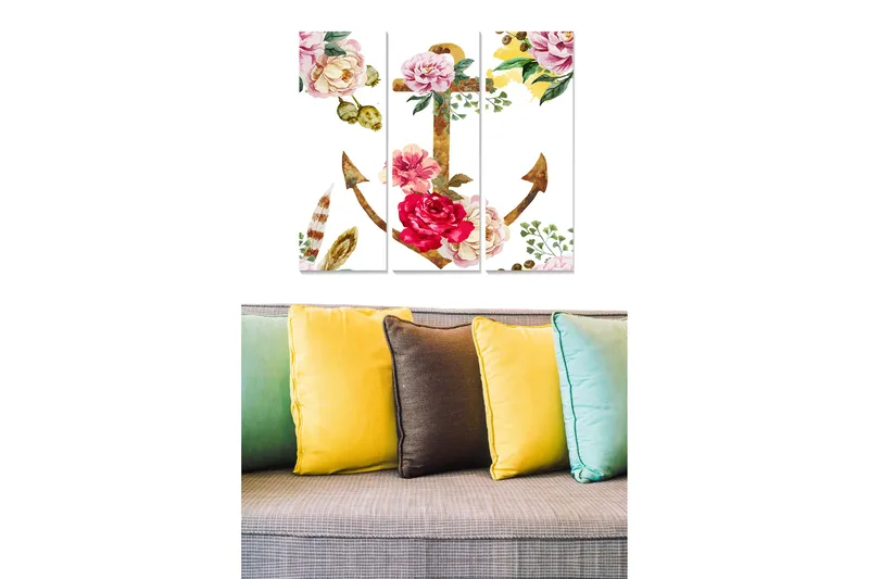 Trelerretsbilde 3-delt 50x70 cm - Blomsteranker med fargerike blomster og grønne blader, Rosa / Grønn / Gul