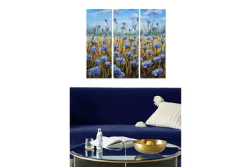 Trelerretsbilde 3-delt 50x70 cm - Blomstereng med blå kornblomster - Blå / Gul / Grønn - Interiør - Maleri & posters - Lerretsbilder