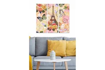 Trelerretsbilde 3-delt 50x70 cm - Blomsterkomposisjon med Eiffeltårnet og sommerfugler - Rosa / Grønn / Gul - Interiør - Maleri & posters - Lerretsbilder