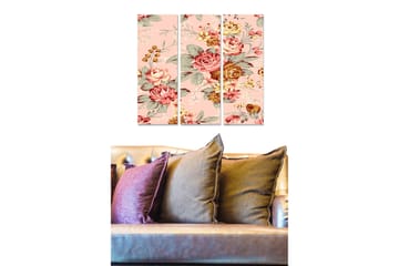 Trelerretsbilde 3-delt 50x70 cm - Blomsterkomposisjon med roser og grønne blader - Rosa / Rød / Grønn - Interiør - Maleri & posters - Lerretsbilder