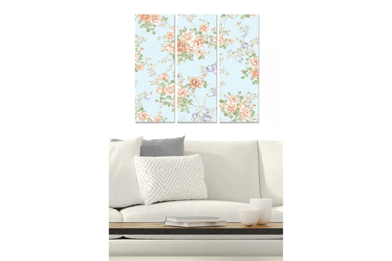 Trelerretsbilde 3-delt 50x70 cm - Blomsterkomposisjon med roser og små blomster, Lys blå / Korall / Grønn