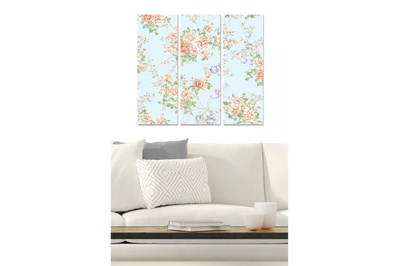 Trelerretsbilde 3-delt 50x70 cm - Blomsterkomposisjon med roser og små blomster, Lys blå / Korall / Grønn