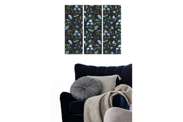 Trelerretsbilde 3-delt 50x70 cm - Blomstermønster med blå erter på svart bakgrunn - Blå / Grønn / Svart - Interiør - Maleri & posters - Lerretsbilder