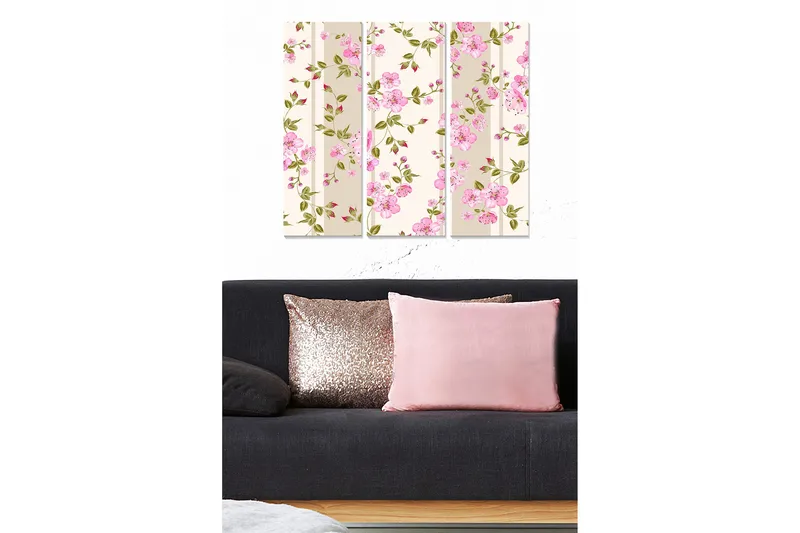 Trelerretsbilde 3-delt 50x70 cm - Blomstermønster med rosa blomster og grønne blader, Rosa / Grønn / Beige
