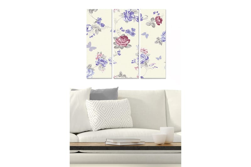 Trelerretsbilde 3-delt 50x70 cm - Blomstermønster med rosa og blå nyanser, Rosa / Blå / Grå