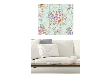 Trelerretsbilde 3-delt 50x70 cm - Blomstermønster med pastellfarger og elegante detaljer - Lys blå / Rosa / Beige - Interiør - Maleri & posters - Lerretsbilder