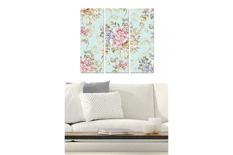Trelerretsbilde 3-delt 50x70 cm - Blomstermønster med pastellfarger og elegante detaljer, Lys blå / Rosa / Beige