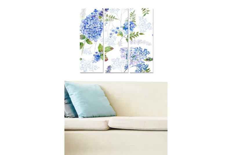 Trelerretsbilde 3-delt 50x70 cm - Blomsteroppsats med blå hortensia og grønne blader, Blå / Grønn