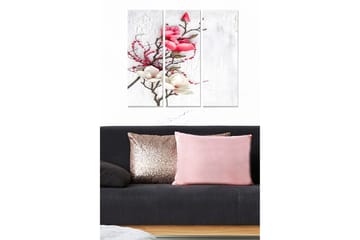 Trelerretsbilde 3-delt 50x70 cm - Blomsteroppsats med rosa og hvite magnoliaer - Rosa / Hvit / Grønn - Interiør - Maleri & posters - Lerretsbilder