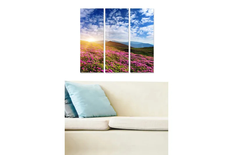 Trelerretsbilde 3-delt 50x70 cm - Blomstrende eng med fargerike blomster og en soloppgang i bakgrunnen, Rosa / Grønn / Blå