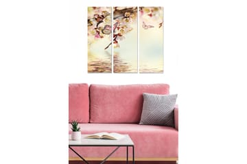 Trelerretsbilde 3-delt 50x70 cm - Blomstrende kirsebærgren med sommerfugler og refleksjon i vann - Rosa / Hvit / Lys blå - Interiør - Maleri & posters - Lerretsbilder
