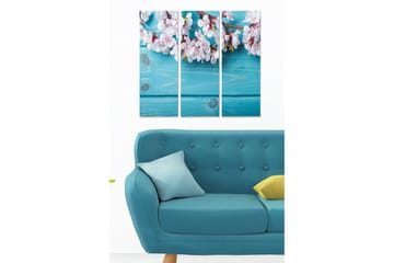 Trelerretsbilde 3-delt 50x70 cm - Blomstrende kirsebærgrener mot turkis bakgrunn - Turkis / Hvit / Rosa - Interiør - Maleri & posters - Lerretsbilder