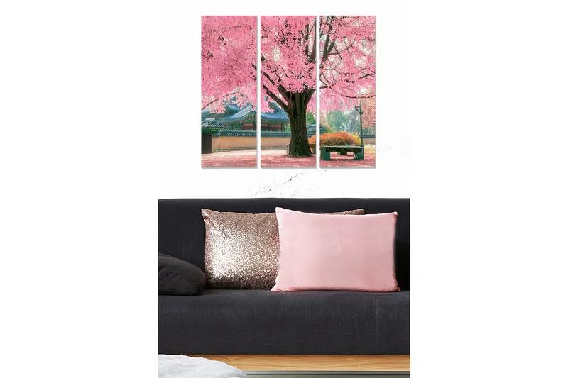 Trelerretsbilde 3-delt 50x70 cm - Blomstrende kirsebærtrær i vakre parkomgivelser, Rosa / Grønn / Brun