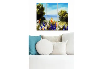 Trelerretsbilde 3-delt 50x70 cm - Blomstrende landskap med havutsikt - Grønn / Blå / Hvit - Interiør - Maleri & posters - Lerretsbilder