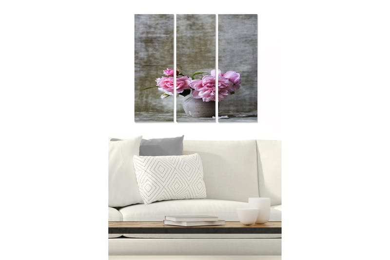 Trelerretsbilde 3-delt 50x70 cm - Bukett med rosa blomster i en keramisk potte, Rosa / Grå / Grønn