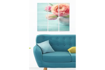 Trelerretsbilde 3-delt 50x70 cm - Bukett med rosa blomster i en sølvfarget vase - Rosa / Grønn / Sølv - Interiør - Maleri & posters - Lerretsbilder