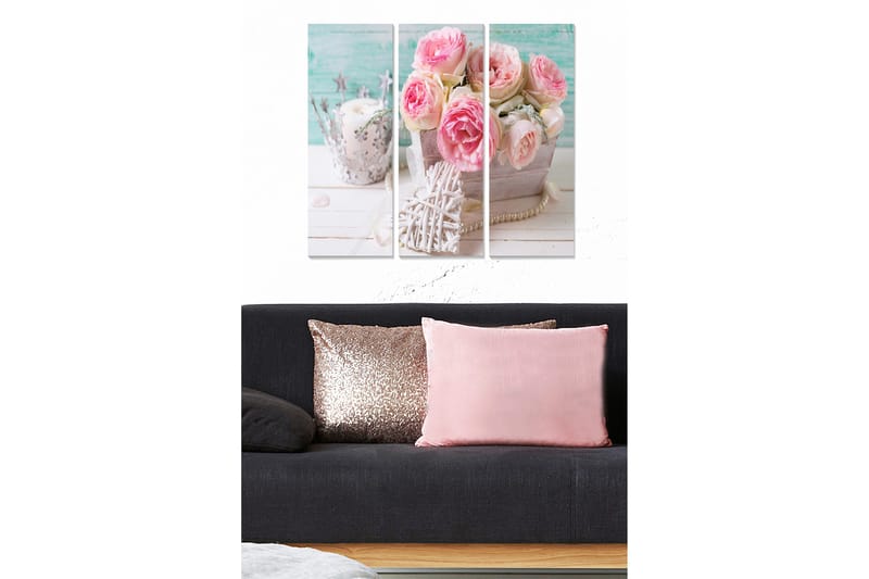 Trelerretsbilde 3-delt 50x70 cm - Bukett med rosa roser i en trekurv, Rosa / Grå / Hvit