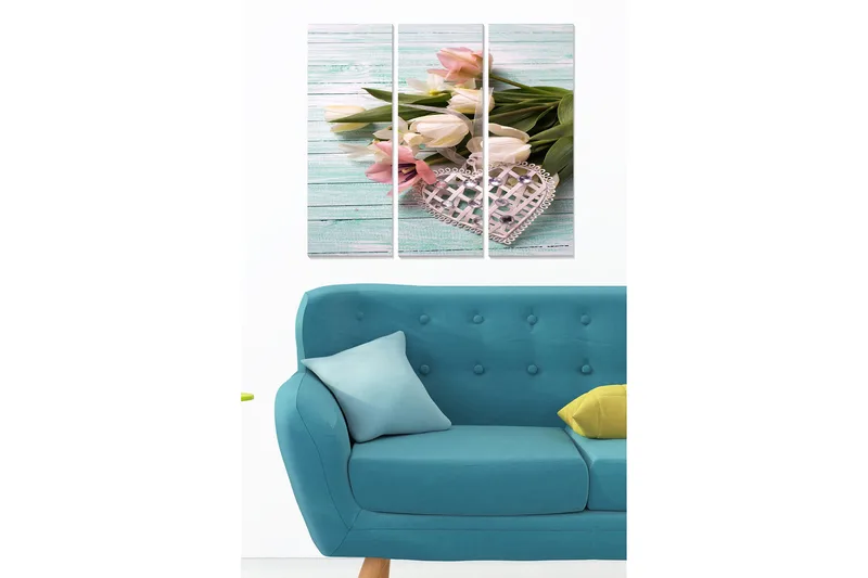Trelerretsbilde 3-delt 50x70 cm - Bukett med tulipaner i pastellfarger med et dekorativt hjerte, Rosa / Hvit / Grønn