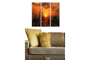 Trelerretsbilde 3-delt 50x70 cm - Bylandskap med solnedgang over hustak og tårn - Oransje / Mørk blå / Gull - Interiør - Maleri & posters - Lerretsbilder