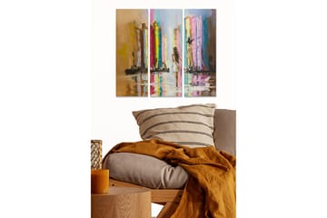 Trelerretsbilde 3-delt 50x70 cm - Bysilhuett med refleksjoner i vann - Gull / Rosa / Blå - Interiør - Maleri & posters - Lerretsbilder