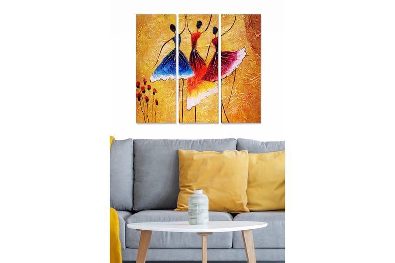 Trelerretsbilde 3-delt 50x70 cm - Dansende kvinner i fargerike kjoler, Blå / Rød / Gul
