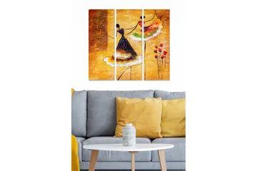 Trelerretsbilde 3-delt 50x70 cm - Dansende kvinner i fargerike kjoler - Gul / Svart / Rød - Interiør - Maleri & posters - Lerretsbilder