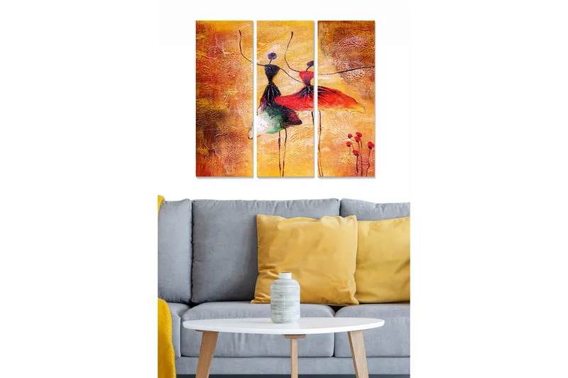 Trelerretsbilde 3-delt 50x70 cm - Dansende kvinner i fargerike kjoler, Oransje / Rød / Svart